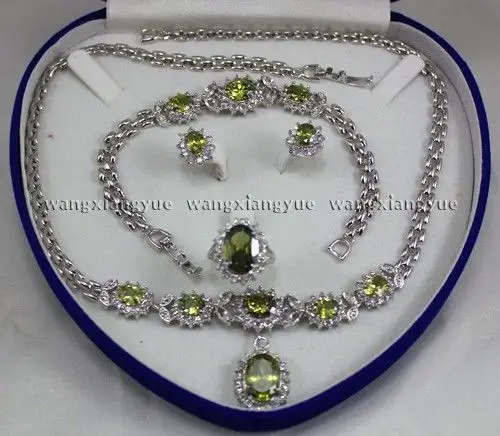 

HOT SELL - shipping Charming!Peridot Inlay Link Bracelet earrings Ring Necklace Set (A0425) -Top quality free shipping