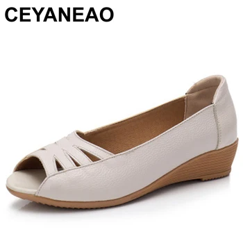 

CEYANEAO Summer Women leather Flat fish head Sandals hollow Fashion Ladies sandals soft bottom comfortable Mother Sandals E1686