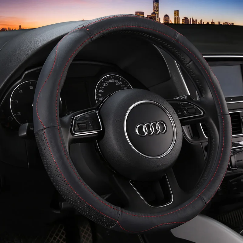 

38CM Top layer leather Steering-wheel Cover Non-slip Skin Feel Car-styling Accessories