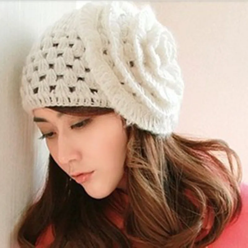 

2017 New Knitted Beanie Hat Fashion Women Winter And Spring Keep Warm Big Flower Pattern Cute Sweet High Quallity