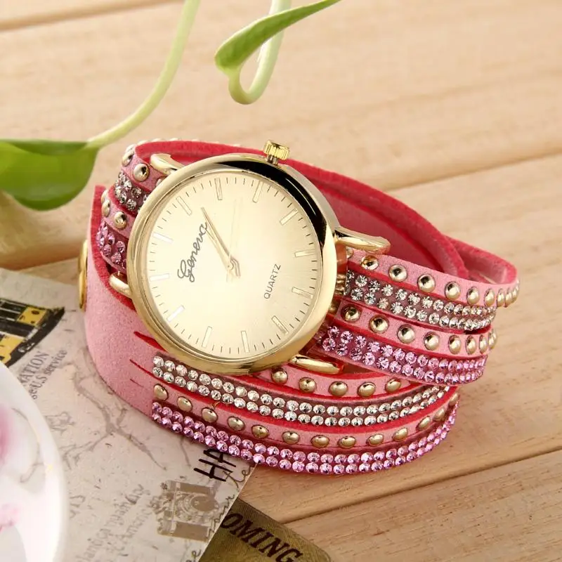 Модные женские часы из искусственной кожи корейский кристалл заклепки браслет часы Девушки дамы часы Роскошные повседневные relogio feminino