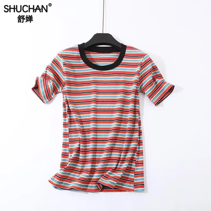 

Shuchan Casual Striped T-shirts With Short Sleeve New 2019 Cotton T Shirt Women Summer Tees Nice Clothes For Women fashion tops