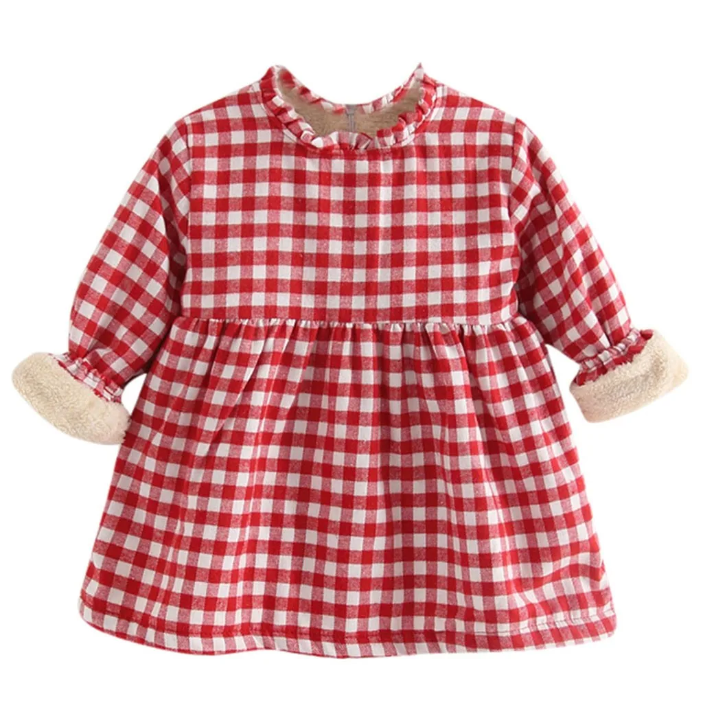 Toddler Baby Winter Dress Kids Girls Plaid Ruched Thick Warm Princess Dresses Children Girls Long Sleeve Clothes Dress 1-5Years