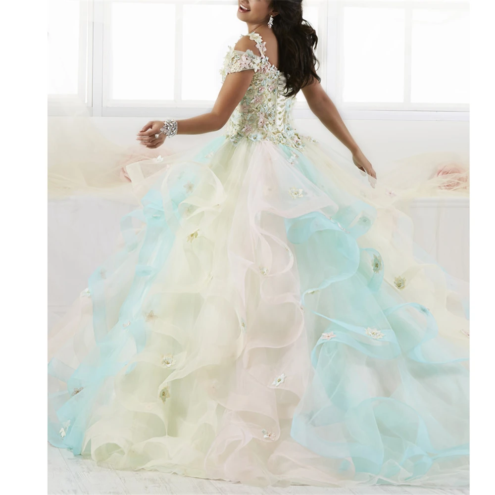 

vestido ball gown robe de baln Multi-Colors Flowers Beading Multi-Layers Deep V-Neck Custom-Made vestidos de quinceanera dresses