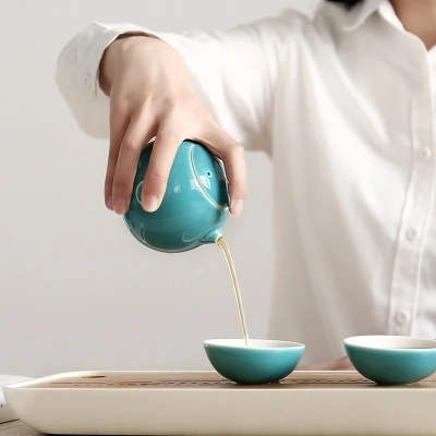  Japanese-style Color Glaze Ceramic Kung Fu Tea Set Fast Passenger Cup [1 pot +2 cups] Travel Portab