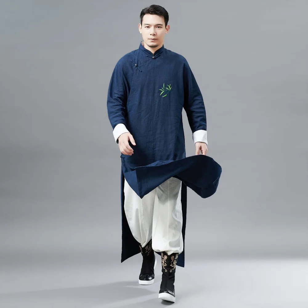 LZJN Chinese Men Classic Master Clothing X-Long Linen Trench Robe Gown Coat Two Side Slit Kung Fu Tai Chi Traditional Outfit (6)