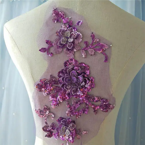 1piece hot pink heavy bead lace applique, 3D sequined applique, 3d