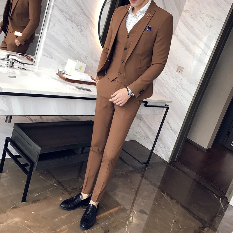 Жених коричневый костюм весна кофе назад Calca Тощий Masculina одежда платье костюмы