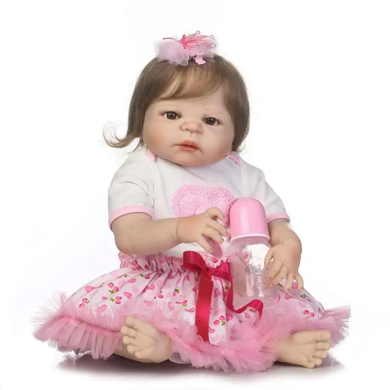 

22" full silicone reborn baby dolls realistic bebe girl reborn pink dress rooted smooth hair child doll gift alive bonecas rebor