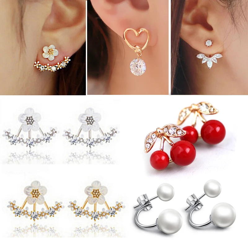 

Fashion Statement Earrings 2019 Crystal Flower Stud Earrings for Women Girls with Pearls Double Sided Earrings Jewelry Ear Studs