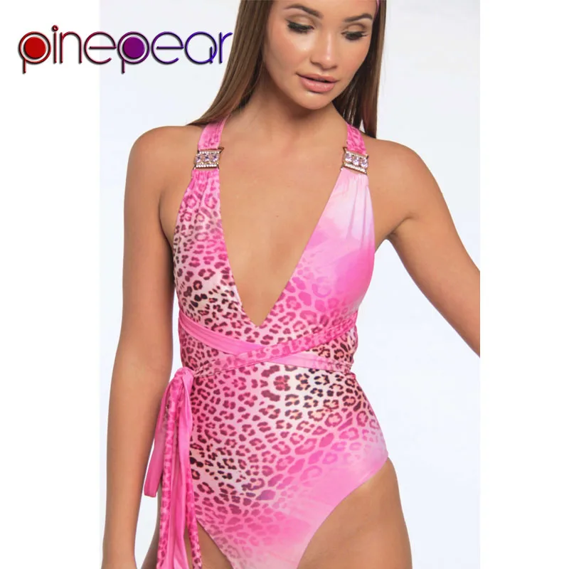 

PinePear Pink Leopard Print Bandage Bodysuit Swimsuit 2019 Summer Women Deep V Neck Surfing Suit Swimwear Beachwear Dropshipping