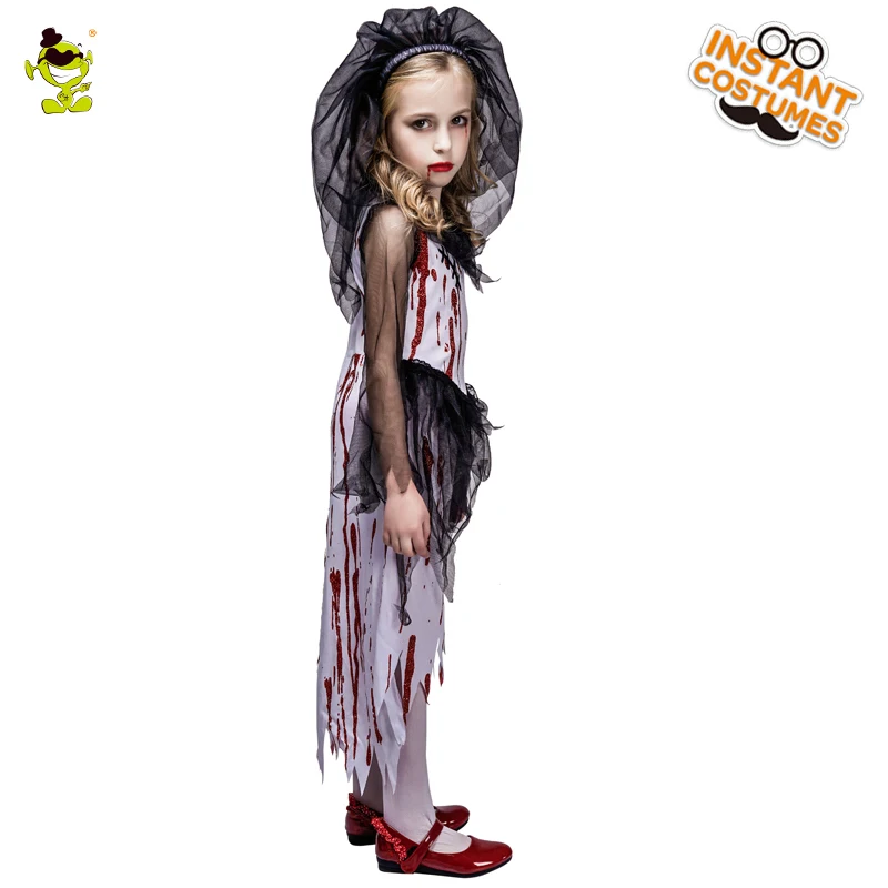 Kids Zombie Bride Costume - Horror Bloody Vampire Masquerade Stage Outfit image 3