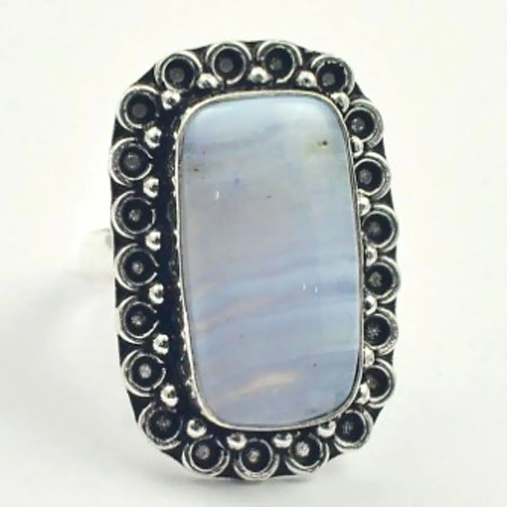 

Blue Lace Agates Ring Silver Overlay over Copper, USA Size 7.75 , R3533
