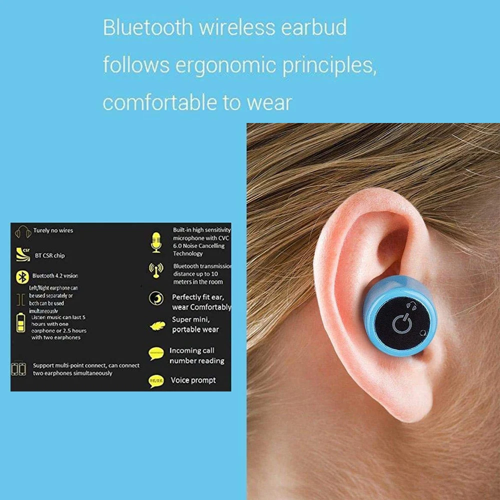 Мини действительно беспроводной Bluetooth наушники-вкладыши V4.2 стерео наушники с микрофоном для iPhone, samsung, Android, iOS (синий