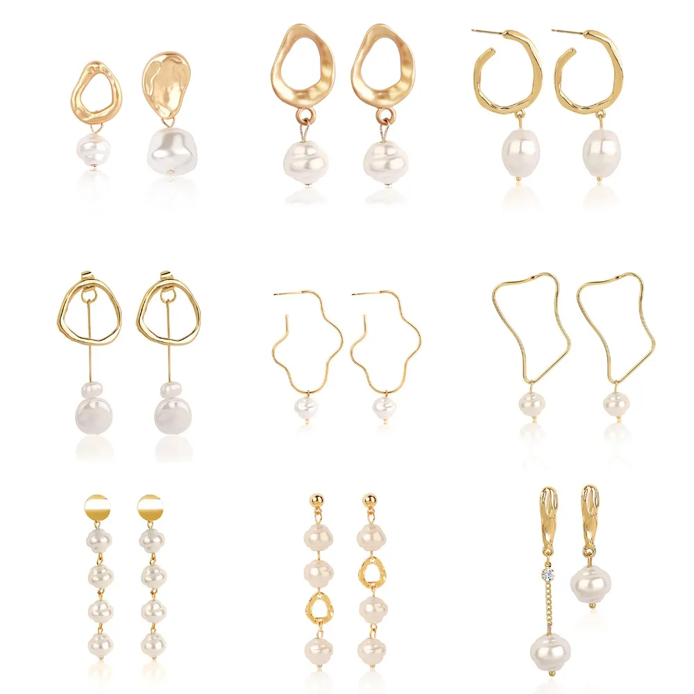 

Korea Design Freshwater Pearl Long Dangle Earrings Gold Color Alloy Geometric Irregular Circle Square Earrings For Women Jewelry