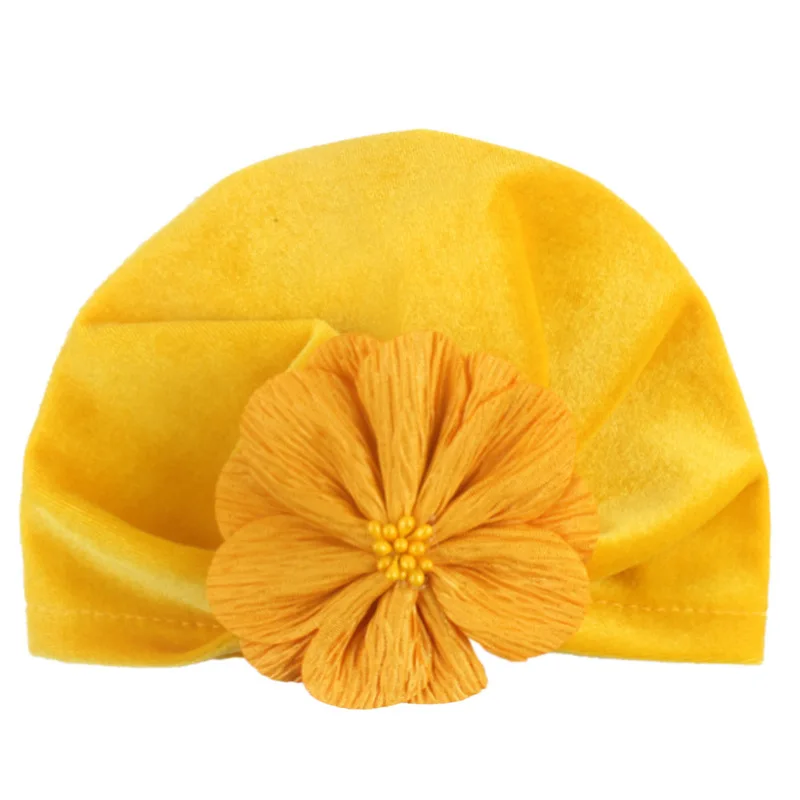 Детская Золотая Бархатная шапка с цветами, большой цветочный стиль, высококачественный мягкий детский головной убор, чистый цвет, детский индийский головной убор