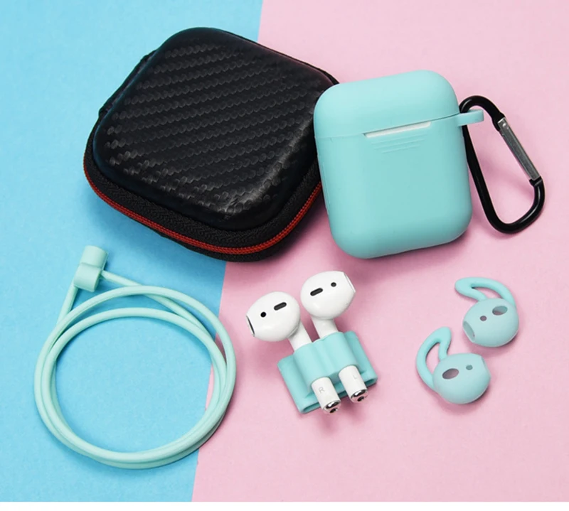 6 pcs In 1 Sets Silicone Protective Accessories Kits for Airpods 1 2 Case Ring Strap Hook Winder Holder Box Set Earpods Cover