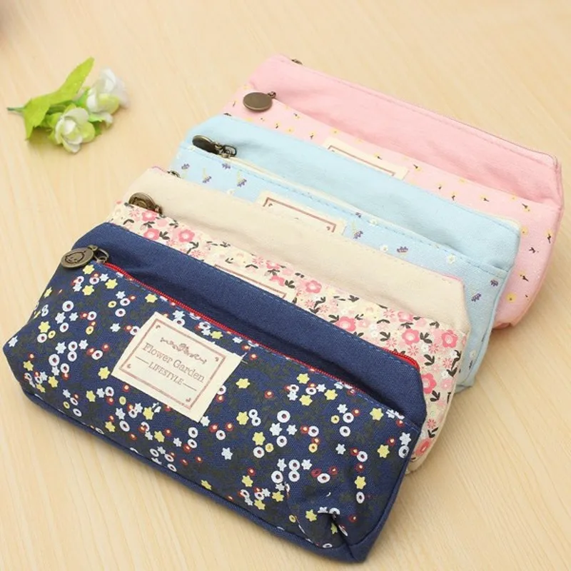 Cute flower pencil bag Lovely Canvas Zipper Pencil case for girls