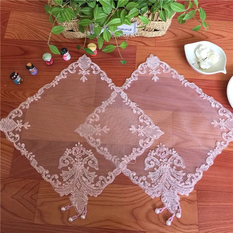 

Pink 27cm European Mesh Lace Beaded Pendant Embroidered Placemat Coffee Cup Mat Square Cover Towel Drink Coasters Decorative