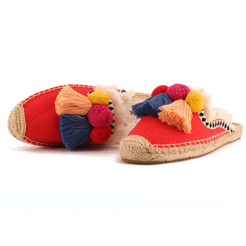 2019 Summer Autumn Fur Balls Mules Casual Shoes Woman High Quality Canvas Hemp Slippers Slip On Rope Female Flats Slides Shoes (5)