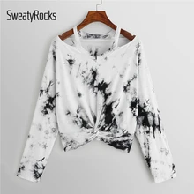 SweatyRocks Футболка с принтом Tie Dye Twist спереди, уличная одежда, контрастный воротник, v-образный вырез, укороченный пуловер, топы, весна, повседневные Модные женские футболки