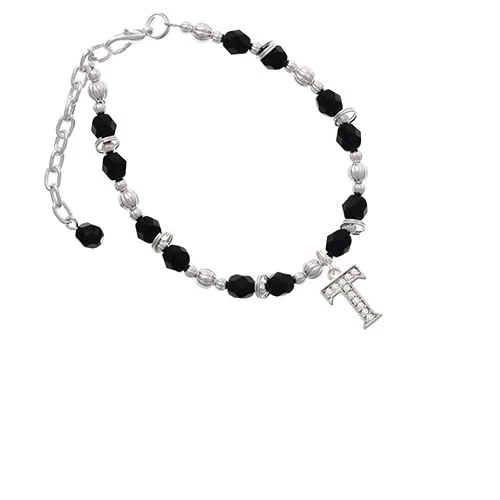 Silvertone Crystal Initial - T - Black Beaded Bracelet