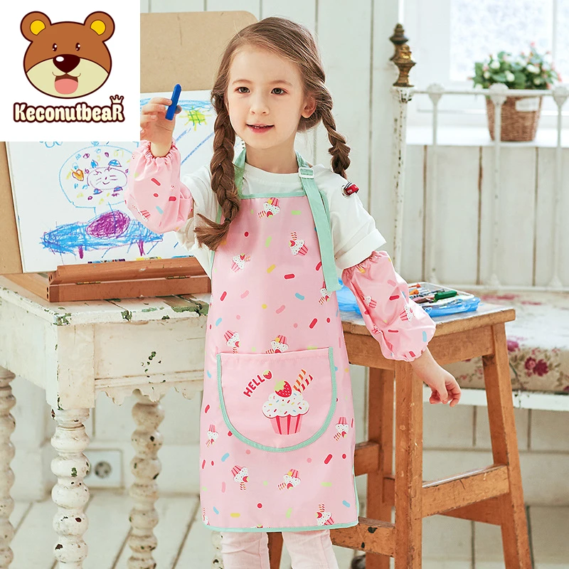 

1Set Kids Children Cartoon Ice Cream Apron Cuff Kit Kitchen Art Baking Painting Pinafore Arm Sleeve PU Waterproof Aprons