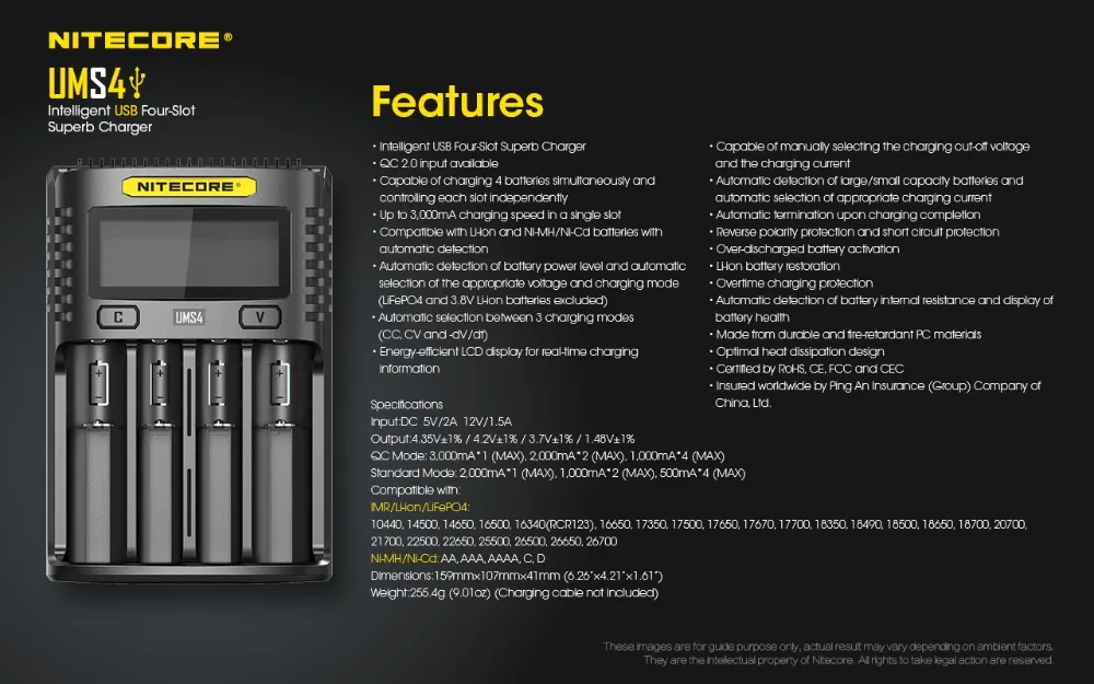 NITECORE UMS2 UMS4 Intelligent Battery Charger USB Output 3A for LiFePO4 Lithium Ion Ni-MH NiCd 18650 10350 10440 10500 NITECORE UMS2 UMS4 Intelligent Battery Charger USB Output 3A for LiFePO4 Lithium Ion Ni-MH NiCd 18650 10350 10440 10500