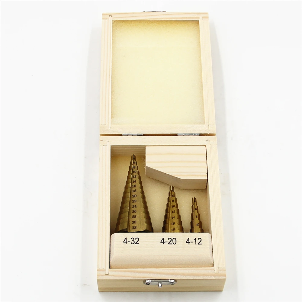 

Wooden box packing 3PCS Pagoda Step Drill Bits 4-32mm 4-20mm 4-12mm Quality Perforator HSS Titanium Coated Straight Flute