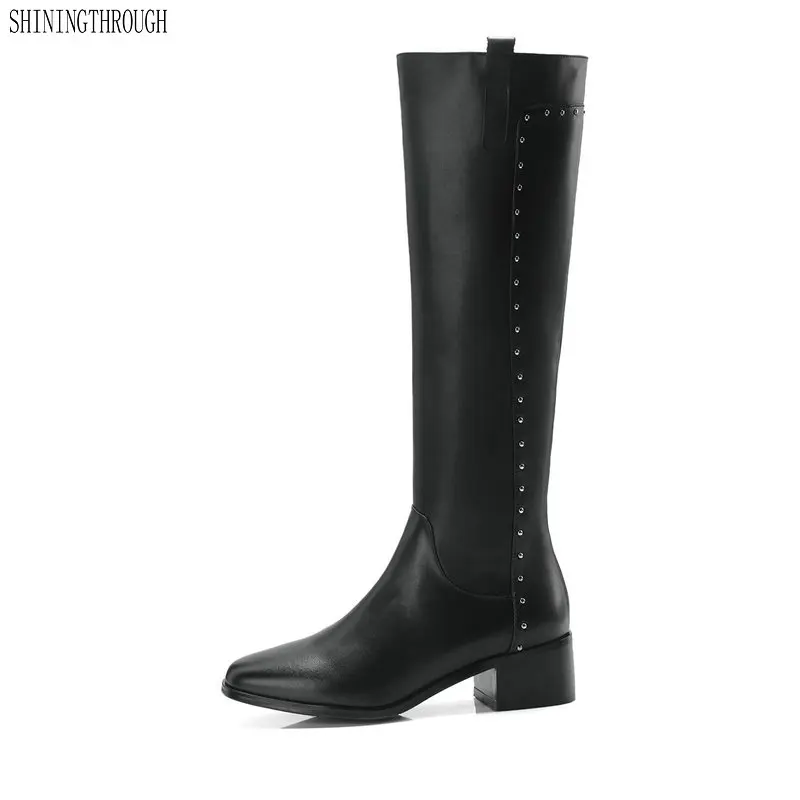 

Knee High Boots Women Genuine Leather Rivets Long Motorcycle Boots Ladies Warm Autumn Winter Shoes Woman black beige gray