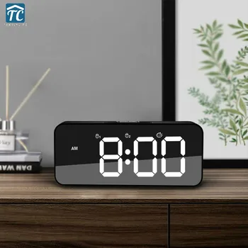 

Led Digital Alarm Clock Voice Control 2 Usb Charging Desktop Wall Clocks Electronic Mirror Backlight Watch Snooze Night Display