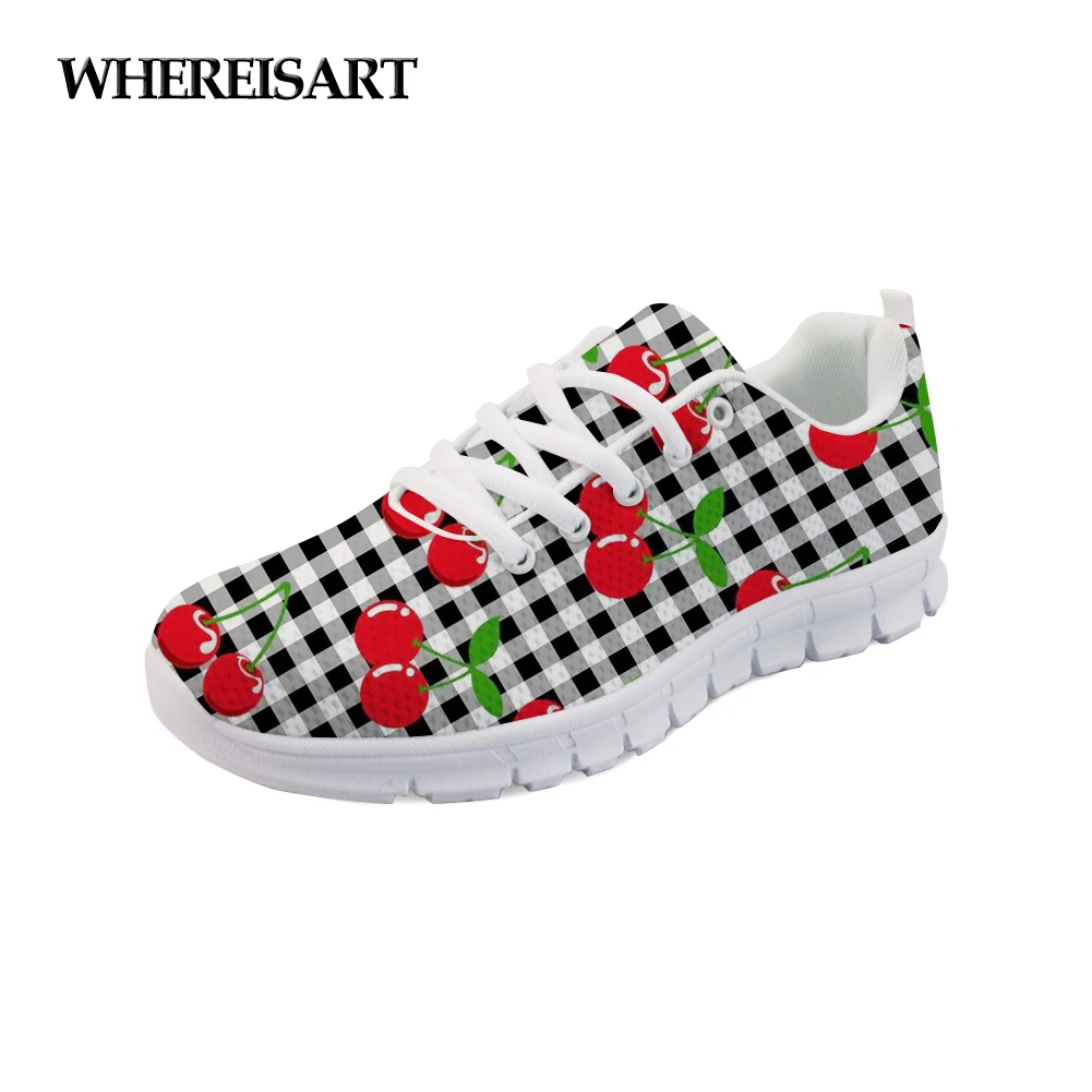 

WHEREISART Spring Women Sneakers Grid Breathable Female Walking Shoes Cherry Cute Pin Ladies Flats Lightweight Girls Moccasins