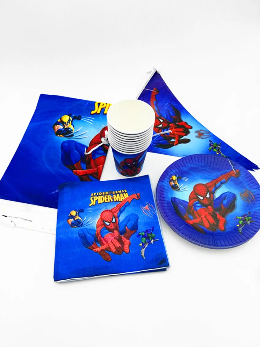 

32pcs/lot spider plates cups banners napkins spider-man tablecloth party banner glass plates spiderman dishes glasses