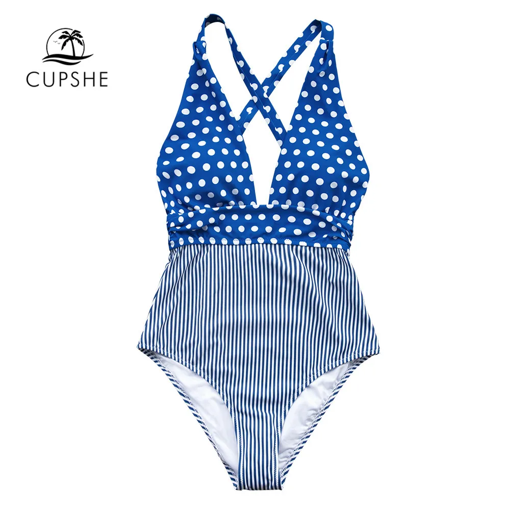 Günstige CUPSHE Blau Tupfen Und Streifen Druck Einteiliges Badeanzug Sexy Frauen Monokini Bademode 2020 Mädchen Strand Badeanzug bademode