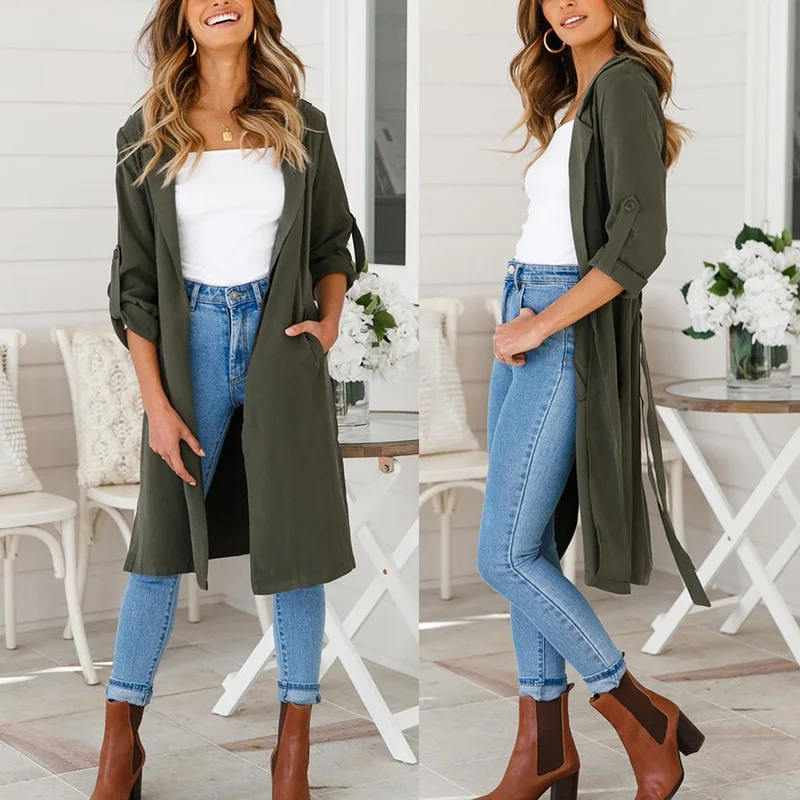 

New Spring Autumn Solid Long Sleeve Turn-down Collar Split Long Windbreaker Pockets Buttons Slim Fashion Elegant Casual 6Q1976