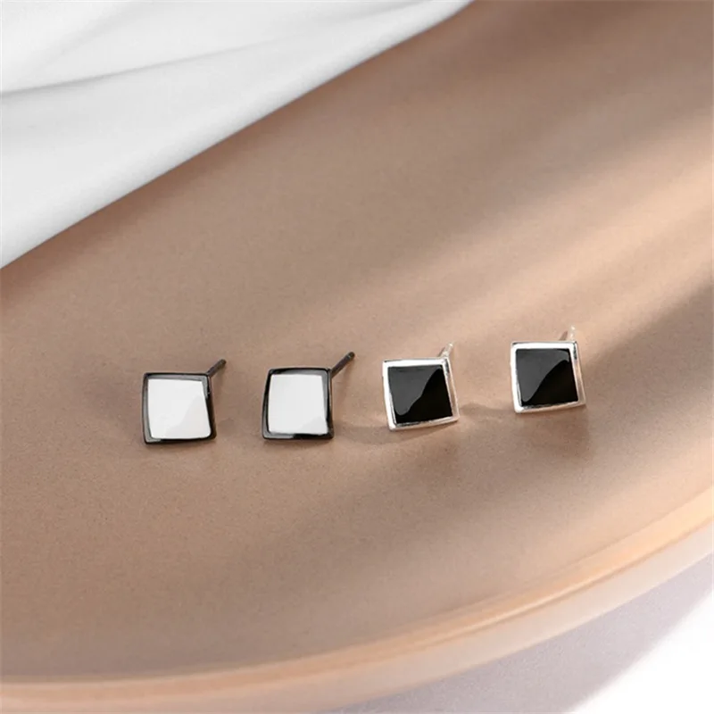 black white square drop glaze silver earrings woman S925 silver Jewelry fashion Hypoallergenic Stud earrings for women gift