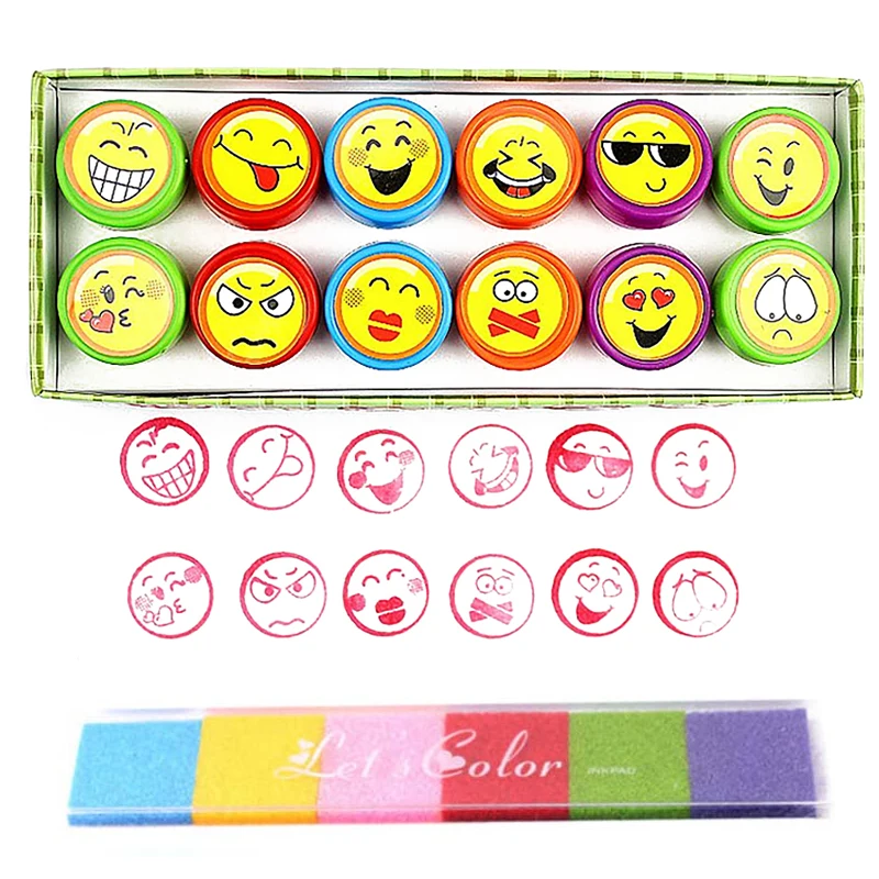 

12+1 Pcs Children Toy Stamps Cartoon Smiling Face Emoji Kids Seal for Scrapbooking Stamper DIY Painting Photo Album Decor