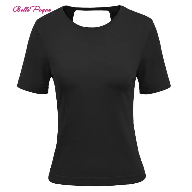 

KK Sexy Women's Casual Short Sleeve Crew Neck Hollowed Back Knitting Tops Knitwear Solid Knitted Blouses one size