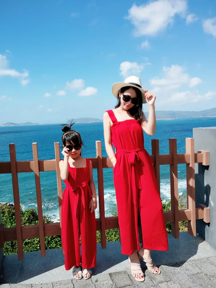 Family Matching clothes Clothes Holiday Red Beach Dress Summer Bohemian  Sexy Halter Pants Jumpsuit Mother and Daughter Clothes - AliExpress