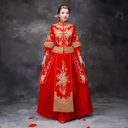Красный китайский Свадебные Cheongsam традиционный Стиль жениться вечернее платье с вышивкой длинное Ципао женские Костюмы Размеры S-3XL