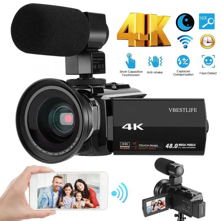 video kamera 4K 48MP WiFi Digital Video Camera Camcorder with Wide Angle Macro Len + External Mic camara de video