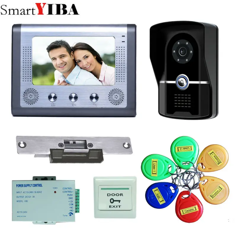 SmartYIBA 7\ Color LCD Wireless Door Bell RIFD cads Video Intercom Camera Home Security Doorbell+Electronically controlled lock