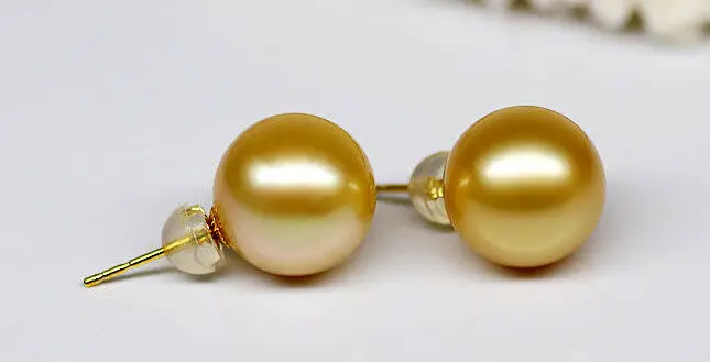 

gorgeous a pair 10.5-11.5mm AAA south sea round gold pearl stud earrings18k