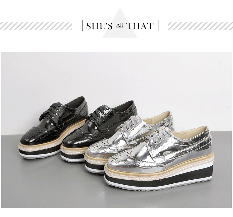 Women Platform Oxfords Brogue Flats Shoes Patent Leather Lace Up Square Toe Brand Female Footwear Shoes For Women Creepers Black (2)