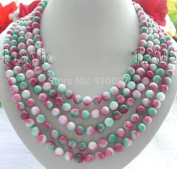 

free shipping HH##100" Longest Genuine Natural 8mm Round Multicolor Jade Necklace