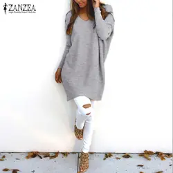 ZANZEA плюс размер вязанные свитера для женщин свитер 2019 Осень Повседневные Пуловеры Топы женские v-образный вырез длинный рукав тонкий