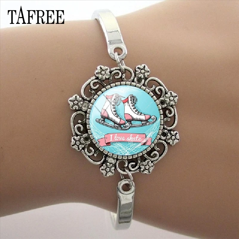 

TAFREE Love Skate Ladies Bracelet Lace Glass Dome Silver Plated Bangles Winter Dance Skating Bracelet Female Women Jewelry ST65