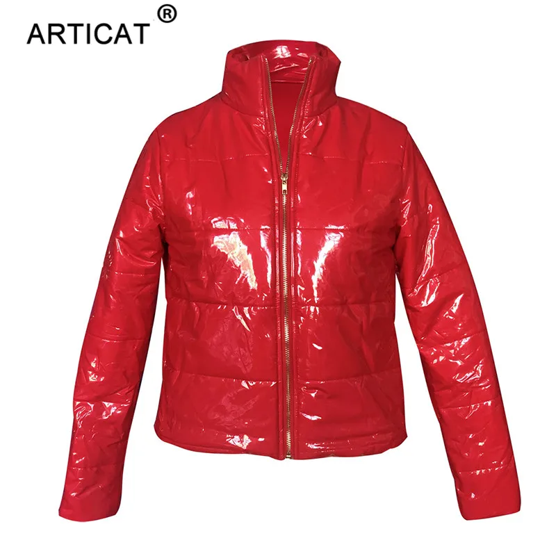 Articat зимняя куртка из искусственной кожи на молнии Женская Короткая Толстая парка со стоячим воротником стеганая куртка Верхняя одежда Пальто-пузырь с длинным рукавом - Цвет: Red