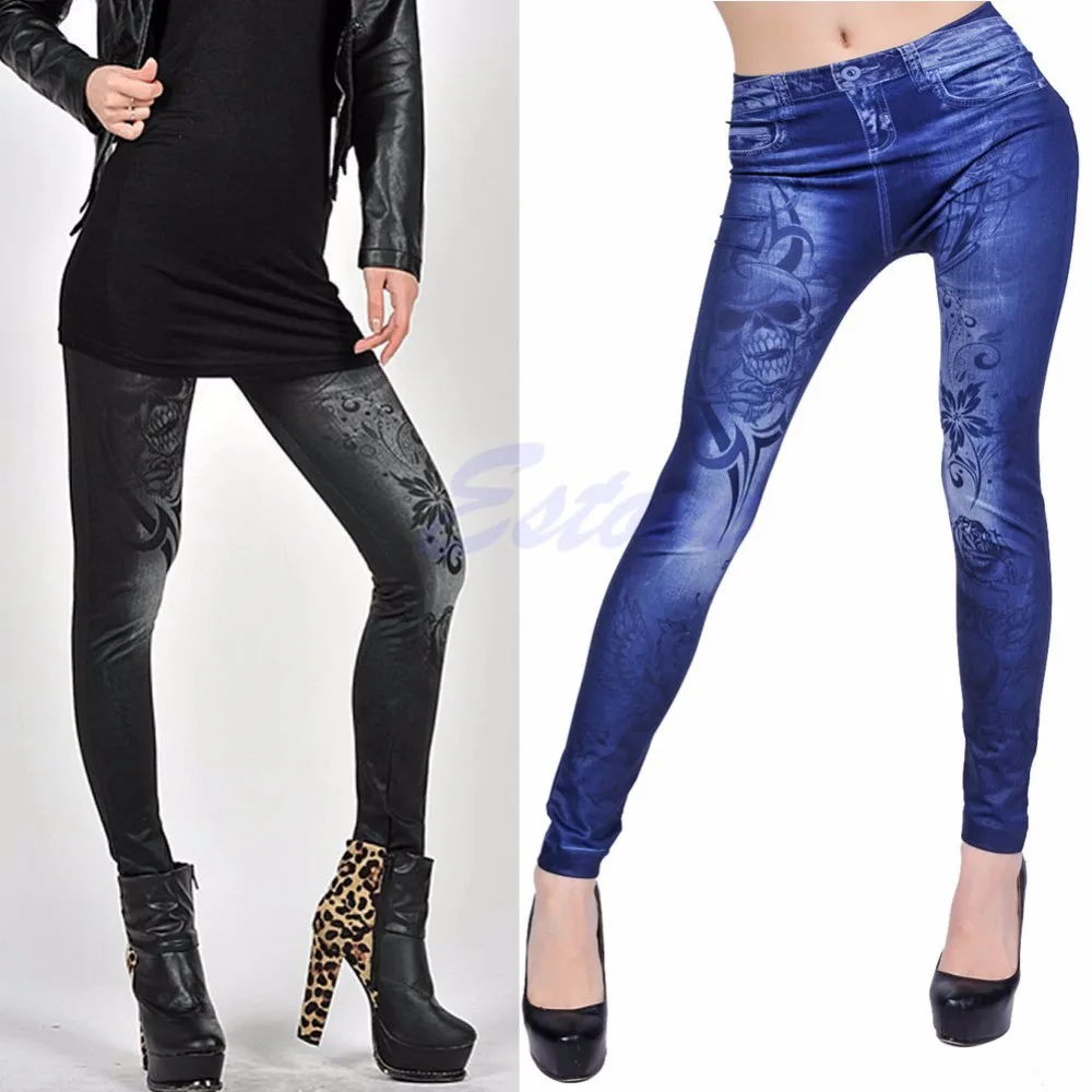 Женские джинсы с черепом и цветочным принтом; Эластичные Обтягивающие Леггинсы; брюки