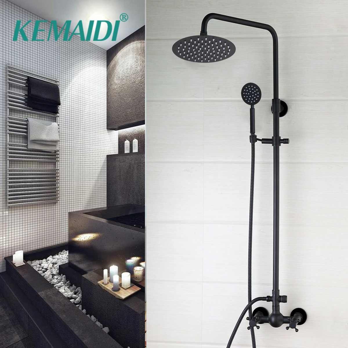 

KEMAIDI Black Wall Mount Rainfall 8 Inch Round Head Hand Spray 2 Functions adjustable Hand Bathroom Shower Faucet Set Mixer Taps